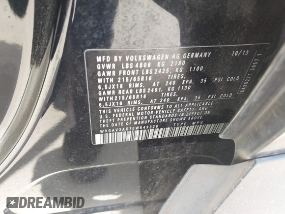 2014 Volkswagen Tiguan SE with VIN WVGAV3AX7EW549326, listed as a IAAI auction lot 42515906 with 102,221 mi miles and . Bid and sale history available at DreamBid. Image 9.