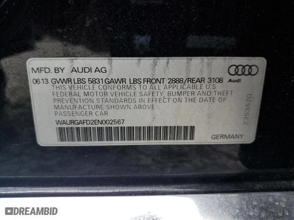 2014 Audi A8 L 3.0T with VIN WAURGAFD2EN002567, listed as a Copart auction lot 48188395 with 159,477 mi miles and Salvage Title. Bid and sale history available at carsss.com. Image 12.