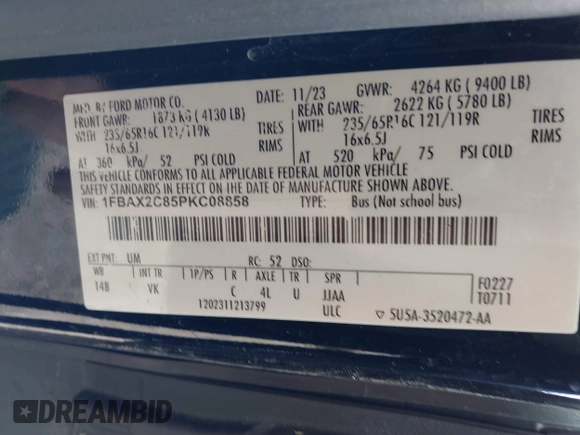 2023 Ford Transit Passenger XL with VIN 1FBAX2C85PKC08858, listed as a IAAI auction lot 41505754 with 45,897 mi miles and . Bid and sale history available at DreamBid. Image 9.