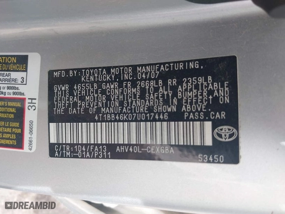 2007 Toyota Camry Hybrid with VIN 4T1BB46K07U017446, listed as a IAAI auction lot 41817127 with 226,068 mi miles. Bid and sale history available at carsss.com. Image 9.