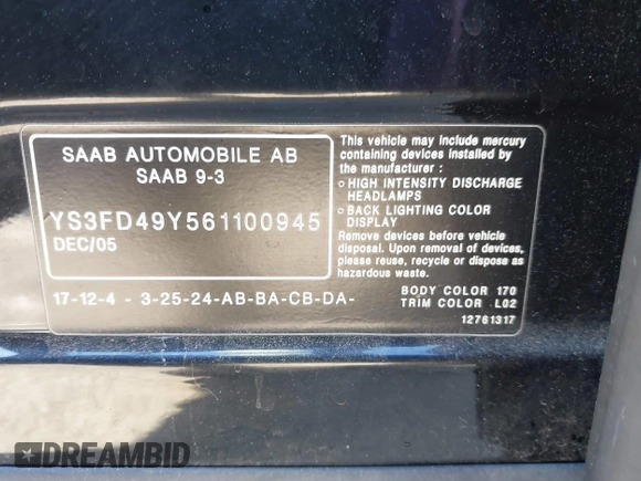2006 Saab 9-3 z VIN YS3FD49Y561100945, wystawiony jako IAAI lot #41133881 z przebiegiem 211 947 mil mil oraz . Historia ofert i sprzedaży dostępna na DreamBid. Obrazek 9.