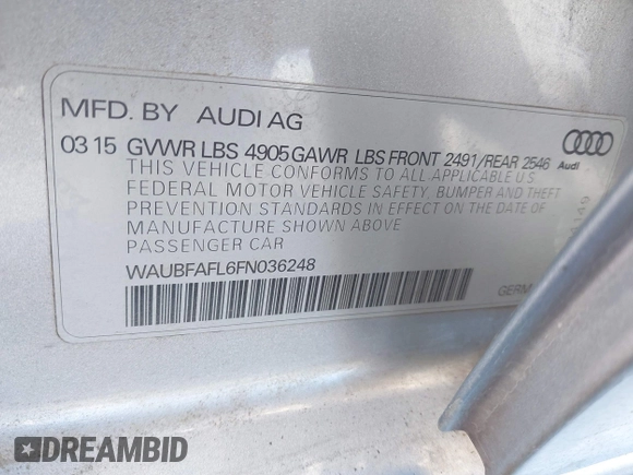2015 Audi A4 Premium with VIN WAUBFAFL6FN036248, listed as a IAAI auction lot 41652916 with 119,154 mi miles. Bid and sale history available at carsss.com. Image 9.