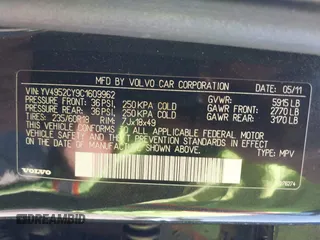2012 Volvo XC90 Premier Plus with VIN YV4952CY9C1609962, listed as a IAAI auction lot 42054930 with 208,227 mi miles. Bid and sale history available at carsss.com. Image 9.