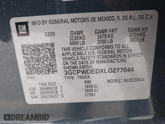 2020 Chevrolet Silverado 1500 RST with VIN 3GCPWDEDXLG277044, listed as a IAAI auction lot 42050251 with 59,708 mi miles and . Bid and sale history available at DreamBid. Image 9.