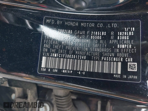 2019 Honda Civic Sedan EX with VIN JHMFC1F38KX012348, listed as a IAAI auction lot 41450738 with 105,551 mi miles. Bid and sale history available at carsss.com. Image 9.