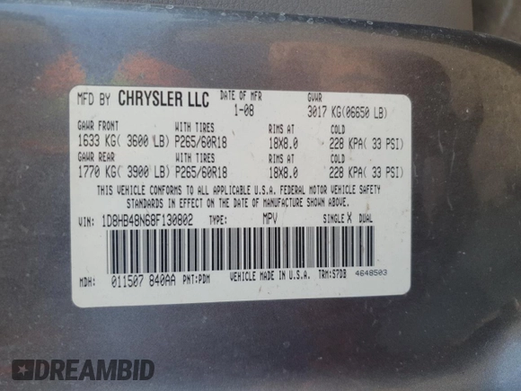 2008 Dodge Durango SLT z VIN 1D8HB48N68F130802, wystawiony jako Copart lot #52369935 z przebiegiem 235 802 mil mil oraz Szkoda całkowita • Salvage title. Historia ofert i sprzedaży dostępna na DreamBid. Obrazek 13.