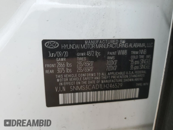 2020 Hyundai Santa Fe SEL with VIN 5NMS3CAD1LH246529, listed as a Copart auction lot 50032415 with 56,412 mi miles and Salvage Title. Bid and sale history available at carsss.com. Image 13.