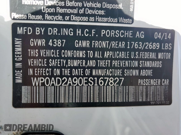 2014 Porsche 911 Turbo S with VIN WP0AD2A90ES167827, listed as a Copart auction lot 47832645 with 15,491 mi miles and Non Repairable. Bid and sale history available at DreamBid. Image 12.