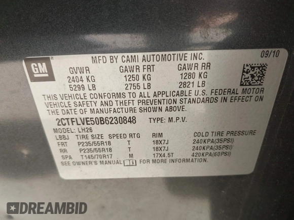 2011 GMC Terrain SLT-1 with VIN 2CTFLVE50B6230848, listed as a IAAI auction lot 42068217 with 151,199 mi miles and . Bid and sale history available at DreamBid. Image 9.