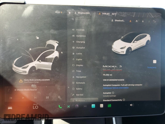 2019 Tesla Model 3 Long Range with VIN 5YJ3E1EB1KF433510, listed as a Copart auction lot 47482225 with 111,352 mi miles and Salvage Title. Bid and sale history available at DreamBid. Image 9.