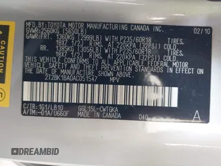 2010 Lexus RX 350 with VIN 2T2BK1BA0AC051547, listed as a IAAI auction lot 42570167 with Not provided miles and . Bid and sale history available at DreamBid. Image 9.