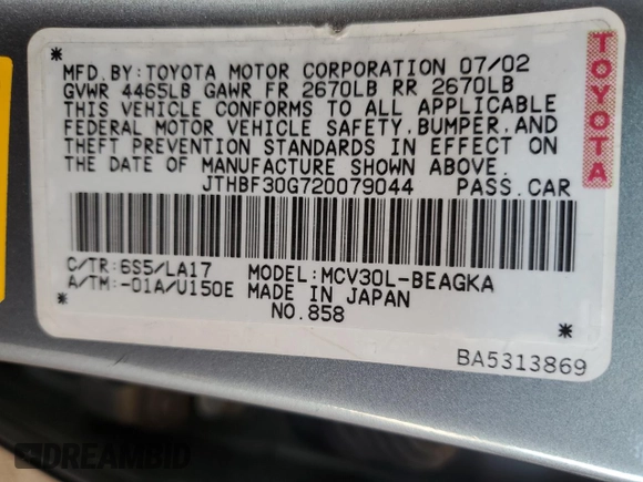 2002 Lexus ES 300 with VIN JTHBF30G720079044, listed as a Copart auction lot 59610445 with 145,310 mi miles and Salvage title. Bid and sale history available at DreamBid. Image 12.