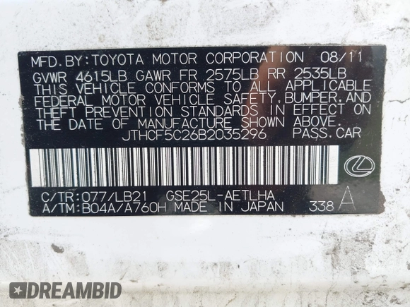 2011 Lexus IS 250 with VIN JTHCF5C26B2035296, listed as a IAAI auction lot 42469561 with 180,609 mi miles and . Bid and sale history available at DreamBid. Image 9.