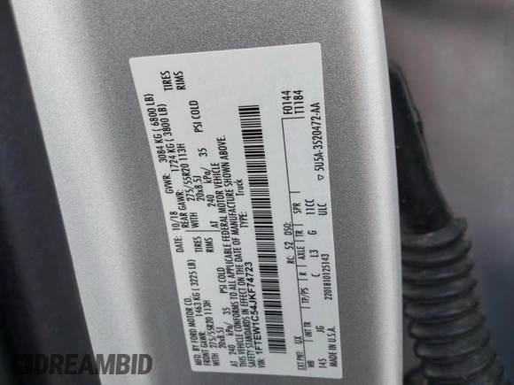 2018 Ford F-150 XL with VIN 1FTEW1C54JKF74723, listed as a Copart auction lot 52547465 with 107,232 mi miles and Salvage title. Bid and sale history available at DreamBid. Image 12.