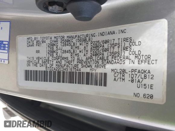 2004 Toyota Sienna XLE with VIN 5TDZA22C34S167544, listed as a IAAI auction lot 41936394 with 111,193 mi miles and . Bid and sale history available at DreamBid. Image 9.