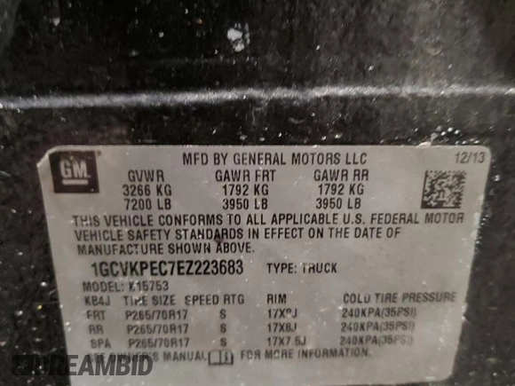 2014 Chevrolet Silverado 1500 Work Truck with VIN 1GCVKPEC7EZ223683, listed as a Copart auction lot 89303905 with Not Provided miles and Salvage Title. Bid and sale history available at DreamBid. Image 14.