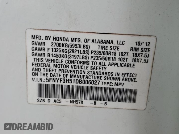 2013 Honda Pilot EX-L with VIN 5FNYF3H51DB006027, listed as a Copart auction lot 54892155 with 140,767 mi miles and Salvage Title. Bid and sale history available at carsss.com. Image 14.