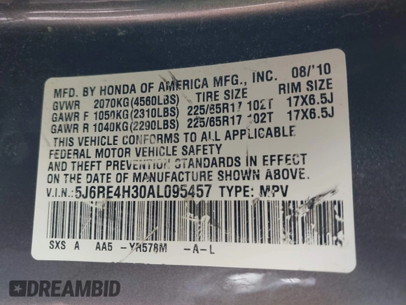 2010 Honda CR-V LX with VIN 5J6RE4H30AL095457, listed as a IAAI auction lot 42706319 with 266,646 mi miles and . Bid and sale history available at DreamBid. Image 9.