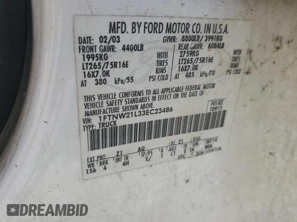 2003 Ford F-250 XL с VIN 1FTNW21L33EC23486, выставлен на аукционе Copart как лот 48821505 с пробегом 245 794 миль миль и Списание • Salvage title. История ставок и продаж доступна на DreamBid. Изображение 14.