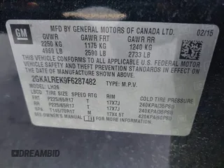 2015 GMC Terrain SLE with VIN 2GKALREK9F6287482, listed as a IAAI auction lot 40731704 with 94,450 mi miles and . Bid and sale history available at DreamBid. Image 9.