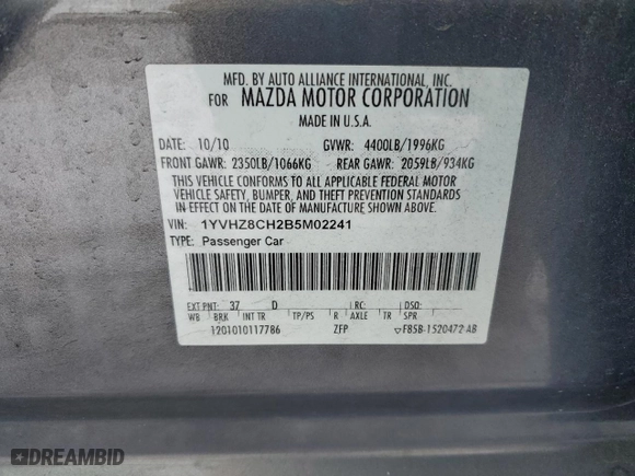 2011 Mazda Mazda6 i Touring with VIN 1YVHZ8CH2B5M02241, listed as a Copart auction lot 87598725 with 87,603 mi miles and Salvage Title. Bid and sale history available at carsss.com. Image 14.