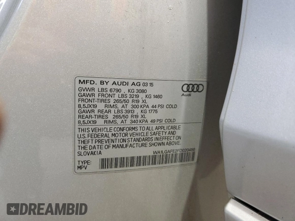 2015 Audi Q7 Premium Plus с VIN WA1LGAFE2FD020456, выставлен на аукционе Copart как лот 56035785 с пробегом 76 520 миль миль и Списание • Salvage title. История ставок и продаж доступна на DreamBid. Изображение 13.