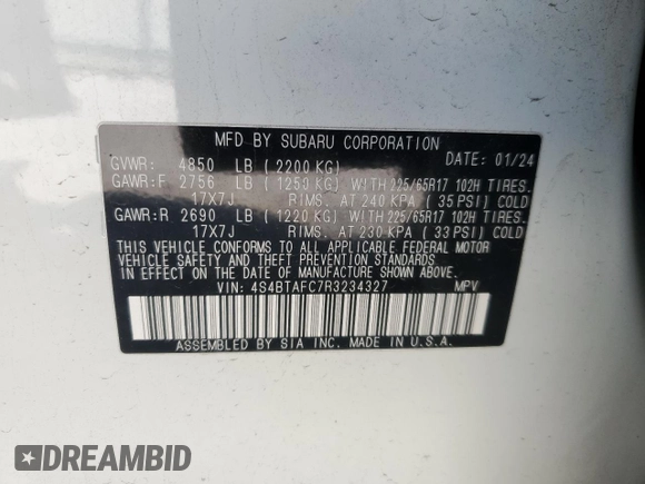2024 Subaru Outback Premium with VIN 4S4BTAFC7R3234327, listed as a Copart auction lot 52353495 with 35,548 mi miles and Salvage title. Bid and sale history available at DreamBid. Image 15.