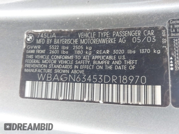 2003 BMW 7 Series 745Li with VIN WBAGN63453DR18970, listed as a IAAI auction lot 39461160 with Not Provided miles and . Bid and sale history available at carsss.com. Image 9.