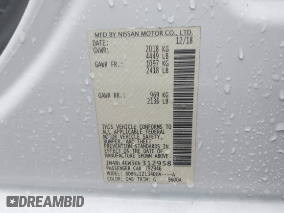 2019 Nissan Altima SL with VIN 1N4BL4EW3KN312958, listed as a IAAI auction lot 41958014 with 50,983 mi miles and . Bid and sale history available at carsss.com. Image 9.