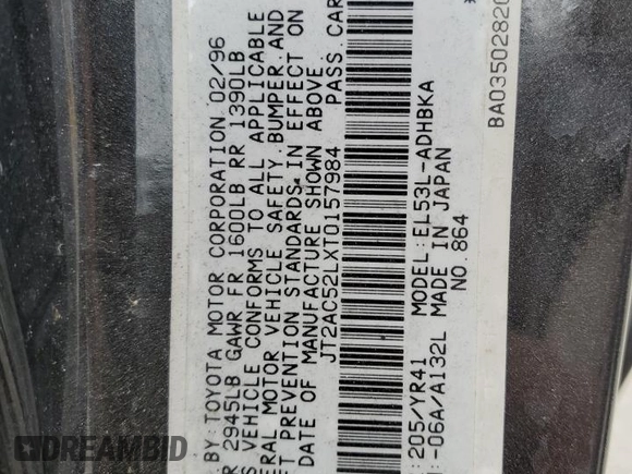 1996 Toyota Tercel DX z VIN JT2AC52LXT0157984, wystawiony jako Copart lot #76524974 z przebiegiem Nie podano mil oraz Szkoda całkowita • Salvage title. Historia ofert i sprzedaży dostępna na DreamBid. Obrazek 13.