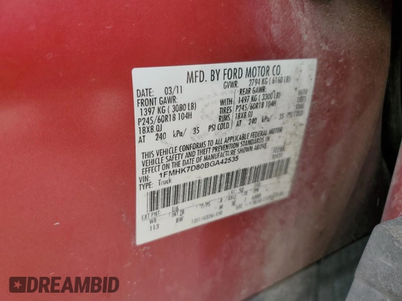 2011 Ford Explorer XLT with VIN 1FMHK7D80BGA42535, listed as a Copart auction lot 55138595 with 249,238 mi miles and Salvage title. Bid and sale history available at DreamBid. Image 12.