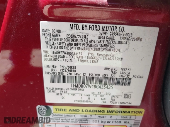 2008 Ford Taurus X Eddie Bauer with VIN 1FMDK07W48GA35435, listed as a IAAI auction lot 42015412 with 147,700 mi miles and . Bid and sale history available at DreamBid. Image 9.