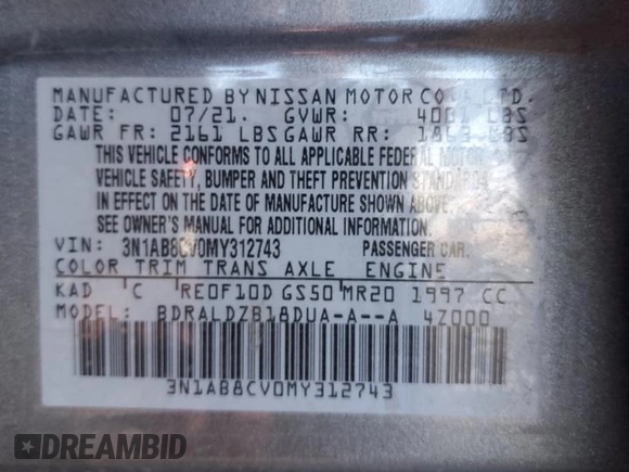 2021 Nissan Sentra SV with VIN 3N1AB8CV0MY312743, listed as a Copart auction lot 44067945 with 60,432 mi miles and Salvage Title. Bid and sale history available at DreamBid. Image 14.