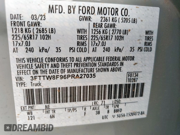 2023 Ford Maverick XL with VIN 3FTTW8F96PRA27035, listed as a Copart auction lot 89401915 with 34,683 mi miles and Salvage title. Bid and sale history available at DreamBid. Image 12.