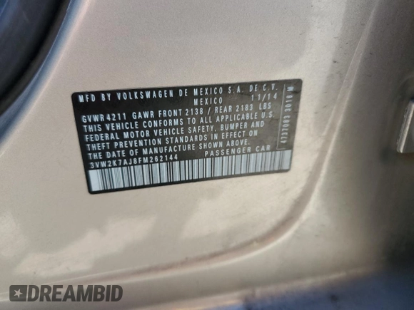 2015 Volkswagen Jetta S with VIN 3VW2K7AJ8FM262144, listed as a Copart auction lot 61647095 with 118,159 mi miles and Salvage title. Bid and sale history available at DreamBid. Image 12.