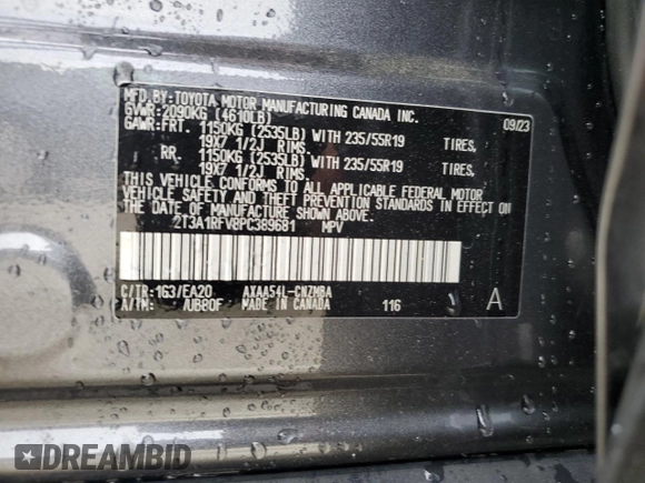 2023 Toyota RAV4 XLE Premium with VIN 2T3A1RFV8PC389681, listed as a Copart auction lot 65177725 with 12,216 mi miles and Salvage title. Bid and sale history available at DreamBid. Image 14.