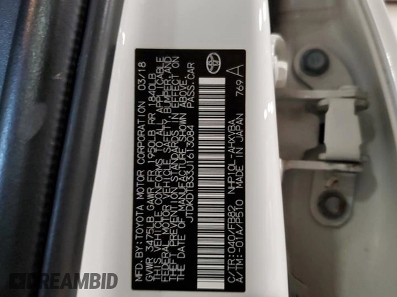 2018 Toyota Prius One with VIN JTDKDTB33J1613084, listed as a Copart auction lot 53308655 with 70,509 mi miles and Clean Title. Bid and sale history available at DreamBid. Image 12.