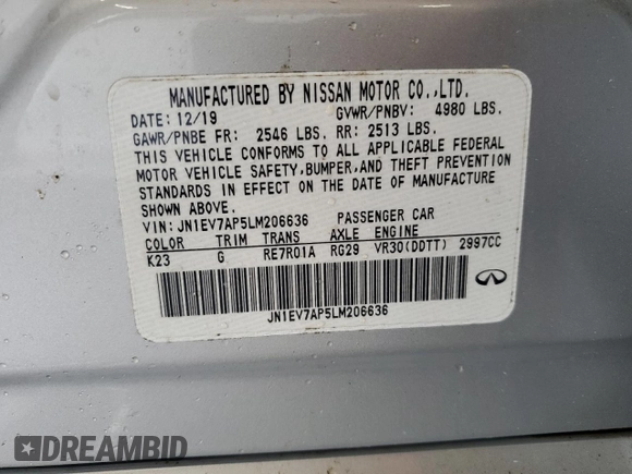 2020 Infiniti Q50 Pure with VIN JN1EV7AP5LM206636, listed as a Copart auction lot 54479215 with 79,174 mi miles and Salvage title. Bid and sale history available at DreamBid. Image 12.