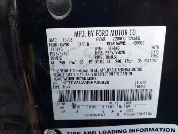 2009 Ford F-150 XL with VIN 1FTPW14V49FA08928, listed as a IAAI auction lot 42505548 with 187,451 mi miles and . Bid and sale history available at DreamBid. Image 9.