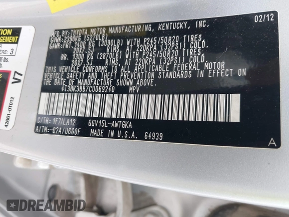 2012 Toyota Venza LE with VIN 4T3BK3BB7CU069240, listed as a IAAI auction lot 41858007 with 159,547 mi miles and . Bid and sale history available at DreamBid. Image 9.