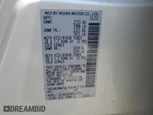 2016 Nissan Pathfinder SL with VIN 5N1AR2MN7GC604256, listed as a Copart auction lot 59204855 with 224,594 mi miles and Salvage title. Bid and sale history available at DreamBid. Image 14.