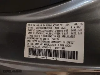 2005 Honda CR-V LX with VIN JHLRD78515C049544, listed as a IAAI auction lot 41807814 with 135,484 mi miles. Bid and sale history available at carsss.com. Image 9.