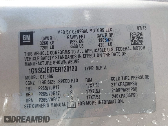 2014 Chevrolet Suburban LT with VIN 1GNSCJE07ER120130, listed as a IAAI auction lot 41792310 with 238,313 mi miles. Bid and sale history available at carsss.com. Image 9.