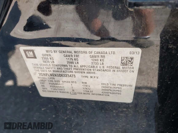 2013 Chevrolet Equinox LT с VIN 2GNFLNEK5D6323473, выставлен на аукционе IAAI как лот 42571021 с пробегом 121 893 миль миль и . История ставок и продаж доступна на DreamBid. Изображение 9.