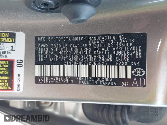 2016 Toyota Corolla L z VIN 2T1BURHE7GC665625, wystawiony jako IAAI lot #42556661 z przebiegiem 71 744 mil mil oraz . Historia ofert i sprzedaży dostępna na DreamBid. Obrazek 9.