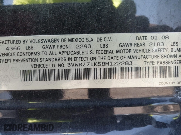 2008 Volkswagen Jetta SE with VIN 3VWRZ71K58M122283, listed as a IAAI auction lot 42466049 with 83,252 mi miles and . Bid and sale history available at DreamBid. Image 9.