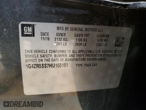 2017 Buick LaCrosse Premium with VIN 1G4ZR5SS7HU165181, listed as a Copart auction lot 58081875 with 167,439 mi miles and Salvage title. Bid and sale history available at DreamBid. Image 12.