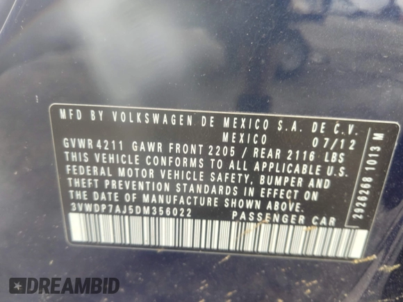 2013 Volkswagen Jetta SE with VIN 3VWDP7AJ5DM356022, listed as a IAAI auction lot 42777153 with 174,033 mi miles and . Bid and sale history available at DreamBid. Image 9.