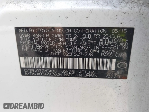 2015 Lexus IS 250 z VIN JTHCF1D28F5027728, wystawiony jako IAAI lot #42240807 z przebiegiem 89 854 mil mil oraz . Historia ofert i sprzedaży dostępna na DreamBid. Obrazek 9.
