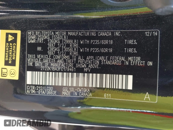 2015 Lexus RX 350 with VIN 2T2ZK1BA3FC178461, listed as a IAAI auction lot 41991818 with 85,140 mi miles and . Bid and sale history available at carsss.com. Image 9.